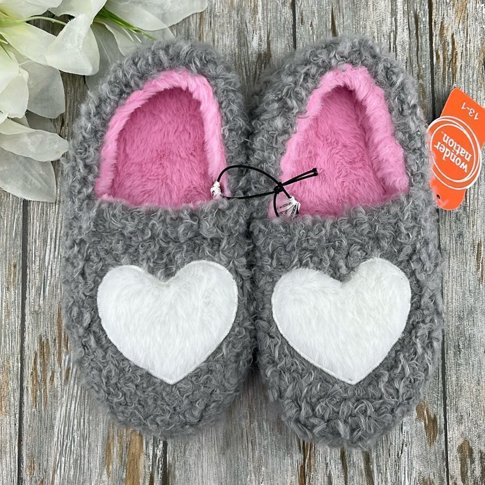 Little Girls Sherpa Faux Fur Fuzzy Heart Slippers Shoes Size 13/1